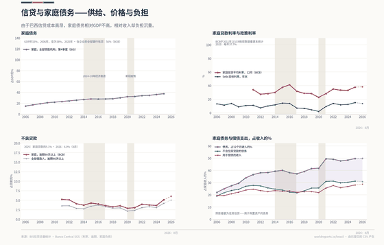 信贷与家庭债务。家庭负债相当于半年收入，借款年利率为38%。偿债支出与逾期均处序列高位。2026年家庭债务 49.9%；2026年家庭借款利率 38.2%；2026年信贷／GDP 占GDP的55.5%。每个数字均读取自该国已提交的 CSV。